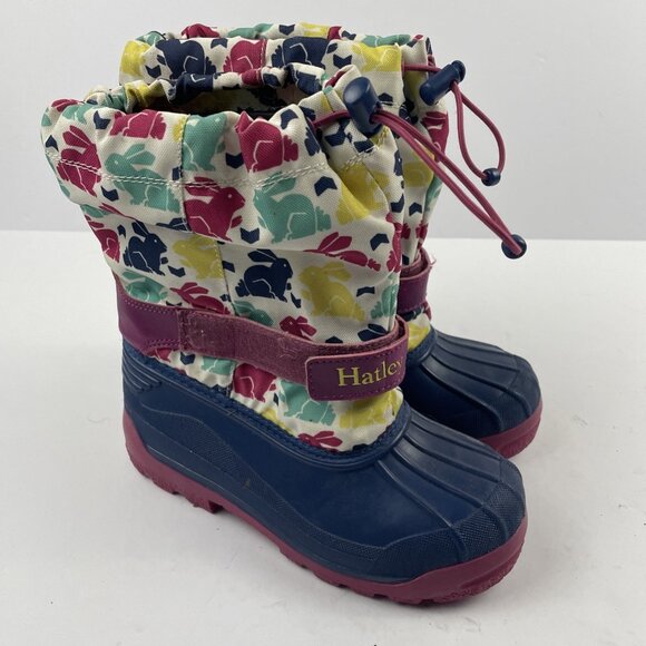 Hatley Snow Boots Youth Big Girl 3 Winter Waterproof Multicolor Rabbit Print - Picture 2 of 9